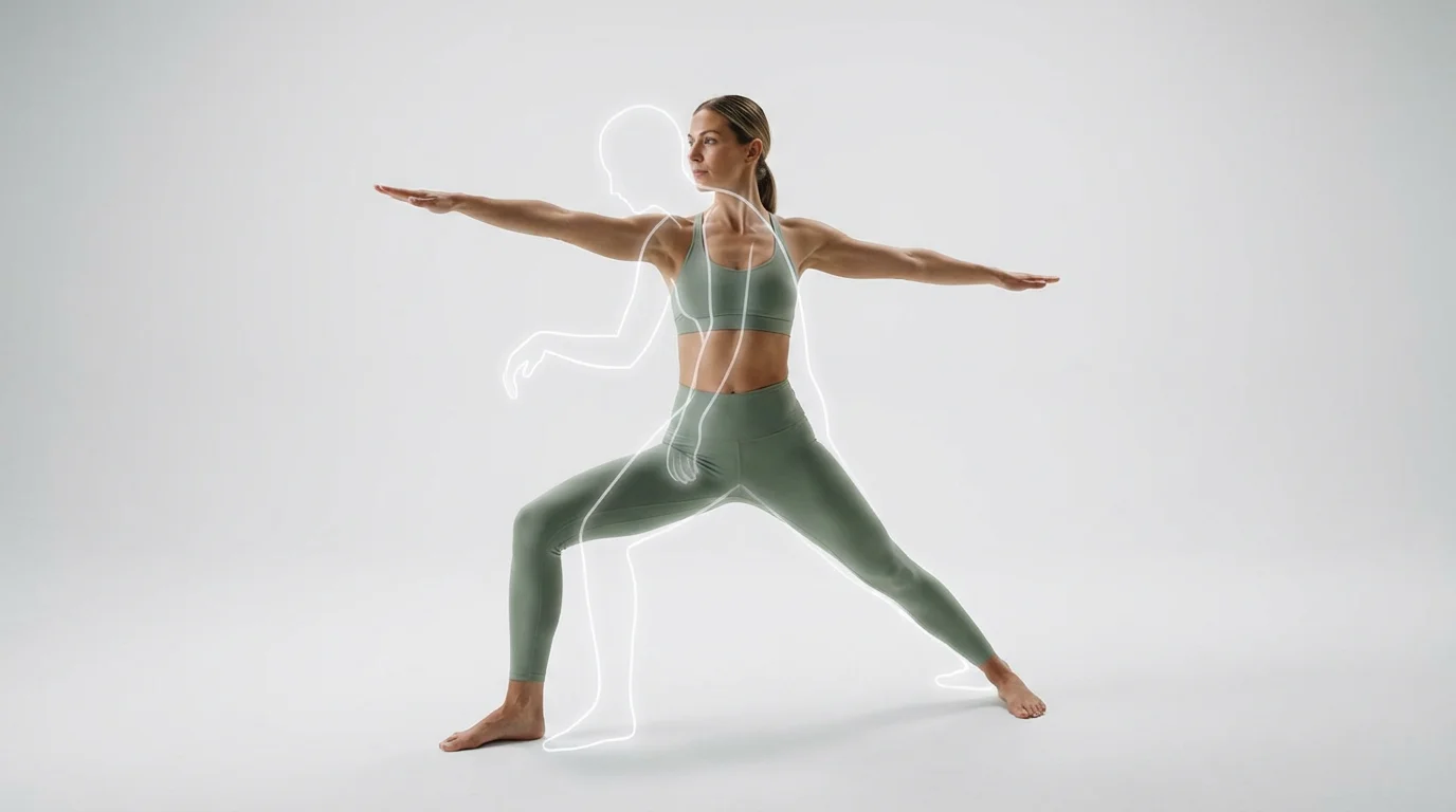 A woman demonstrates a correct yoga posture, while a glowing white outline superimposed over her body shows the incorrect posture, illustrating the concept of pose correction.