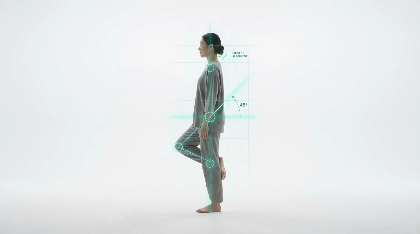 A person holding a yoga pose is shown in profile against a white background. A glowing teal digital overlay illustrates the lines and angles for perfect posture, demonstrating a pose correction concept.