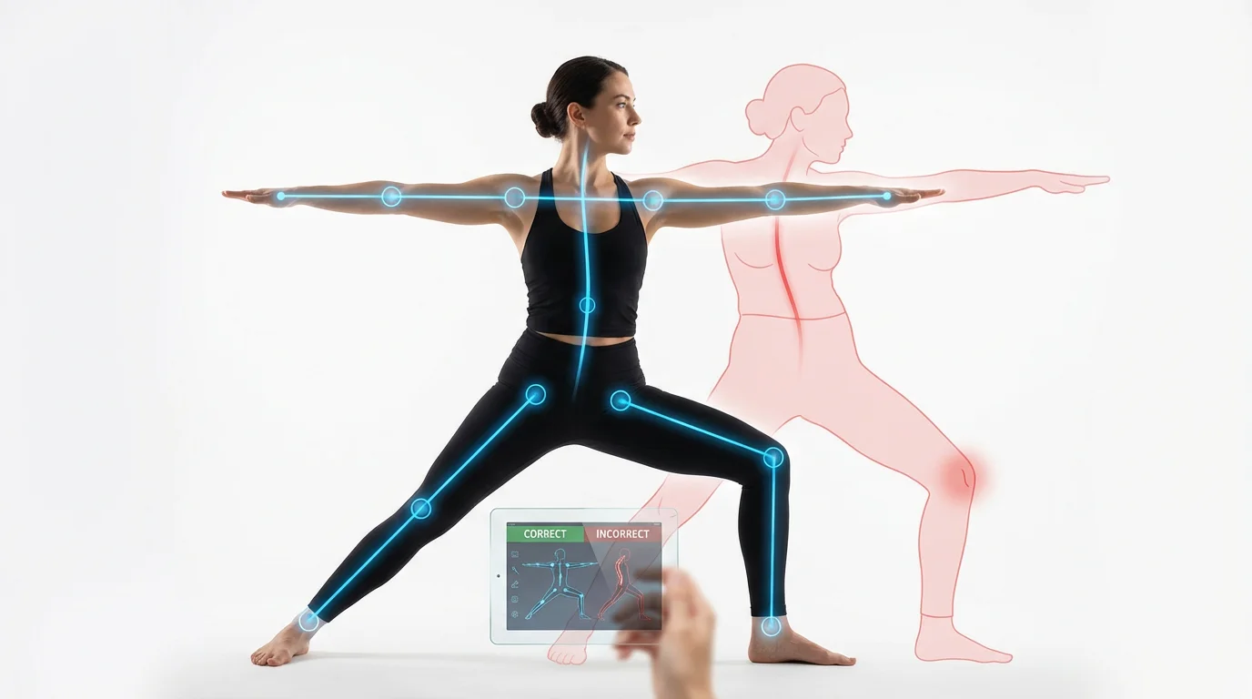 A woman demonstrating a correct yoga pose, with glowing blue lines indicating proper alignment, contrasted with a red silhouette showing the incorrect posture.