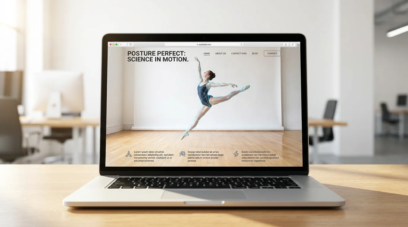 A female dancer in mid-air against a white background, demonstrating perfect form. A faint geometric overlay highlights her ideal posture, visually representing pose correction.