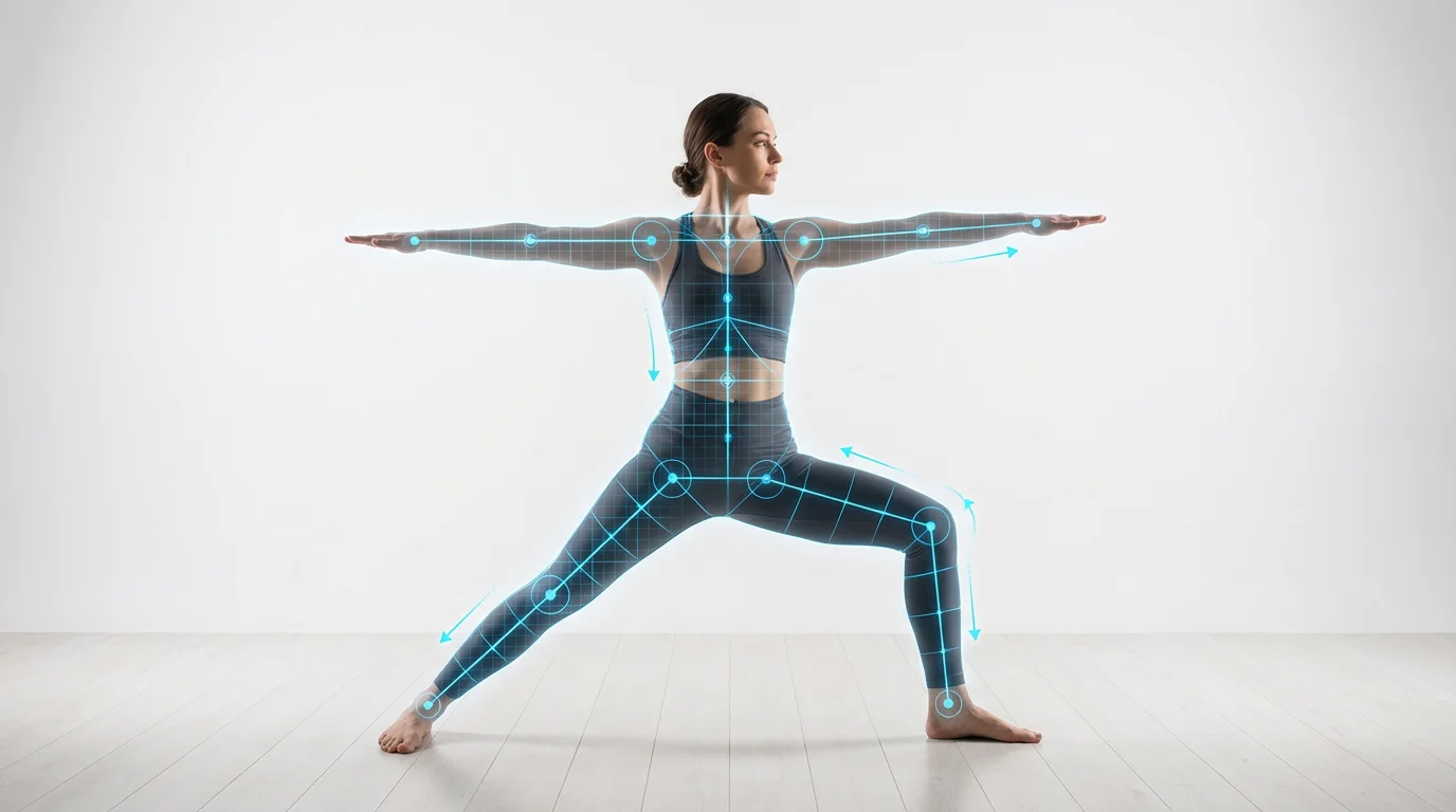 A woman performing a yoga pose is shown with a glowing blue digital overlay illustrating the correct posture for pose correction.