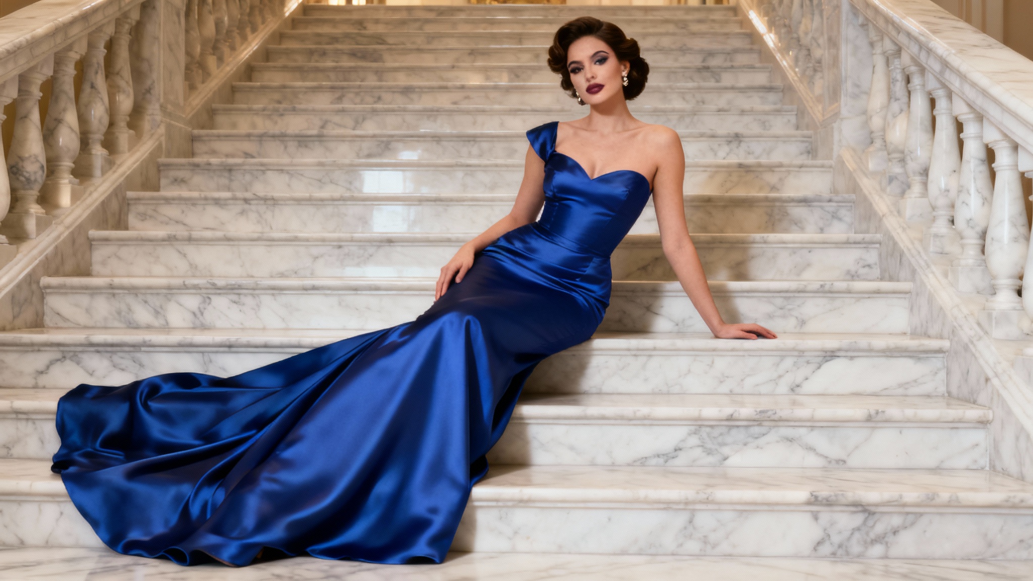 A woman in a stunning, floor-length blue formal evening gown posing on a grand staircase, showcasing the final result of a formal dress editor tool.