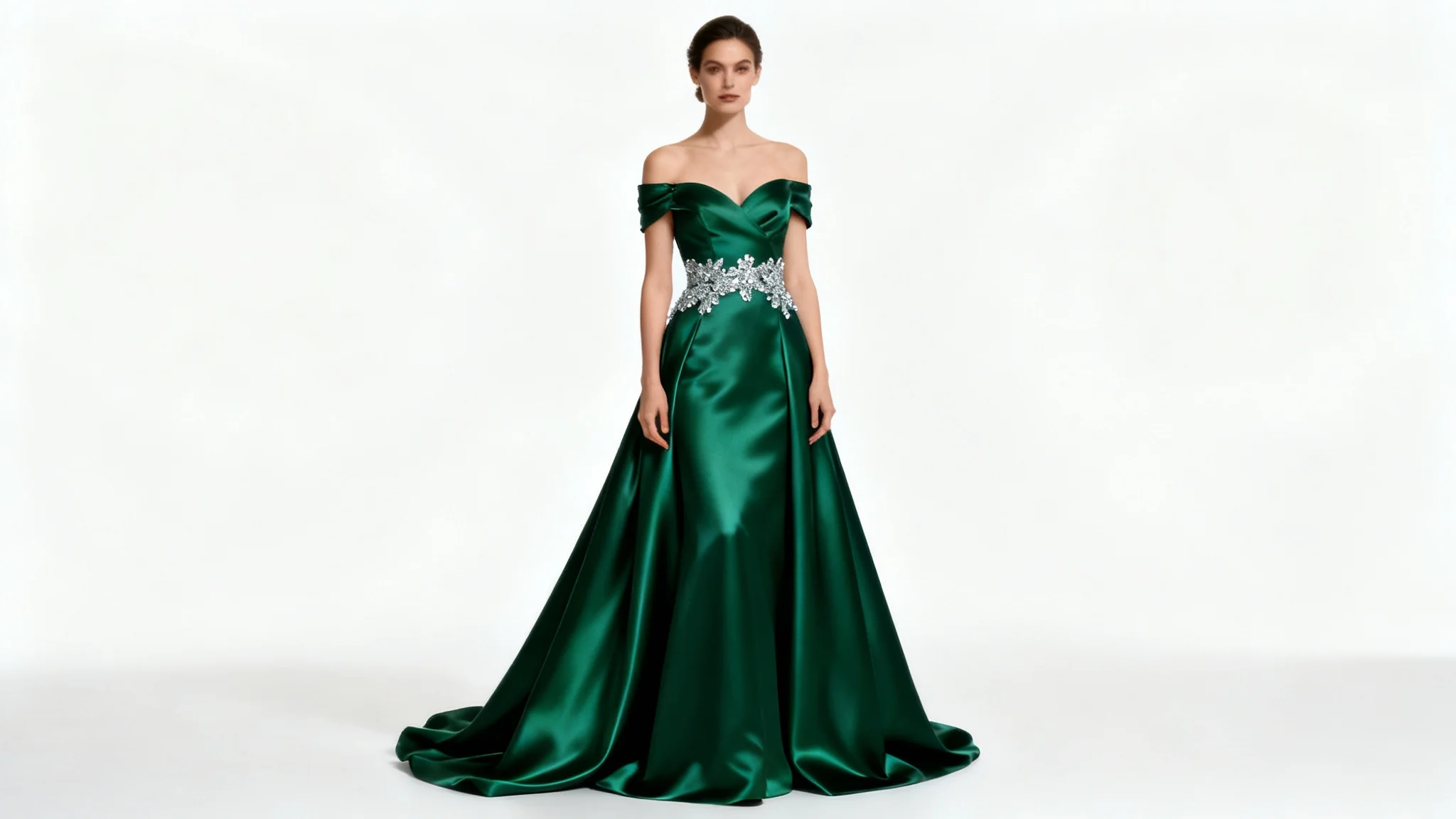 A full-body photograph of a woman modeling an elegant, floor-length emerald green formal dress against a stark white background, showcasing a perfect, professionally edited look.