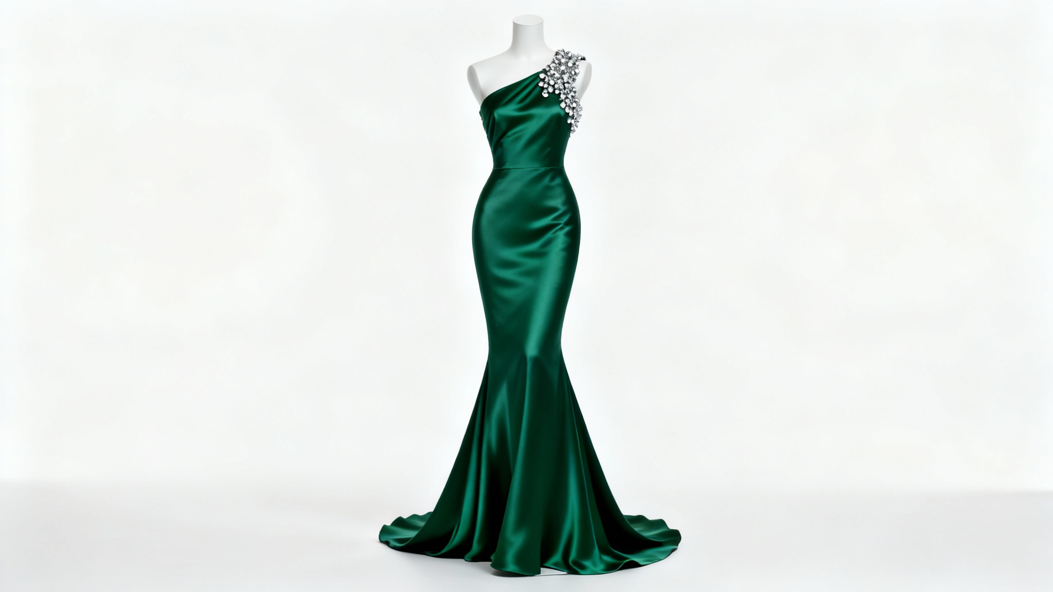 A photorealistic mockup of a beautiful, custom emerald green formal evening gown with crystal beadwork on one shoulder, displayed against a clean white background.