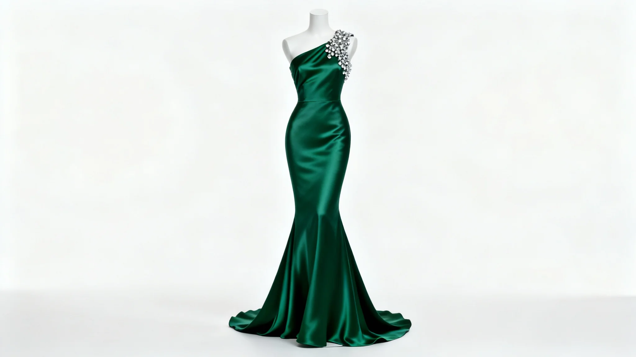 A photorealistic mockup of a beautiful, custom emerald green formal evening gown with crystal beadwork on one shoulder, displayed against a clean white background.