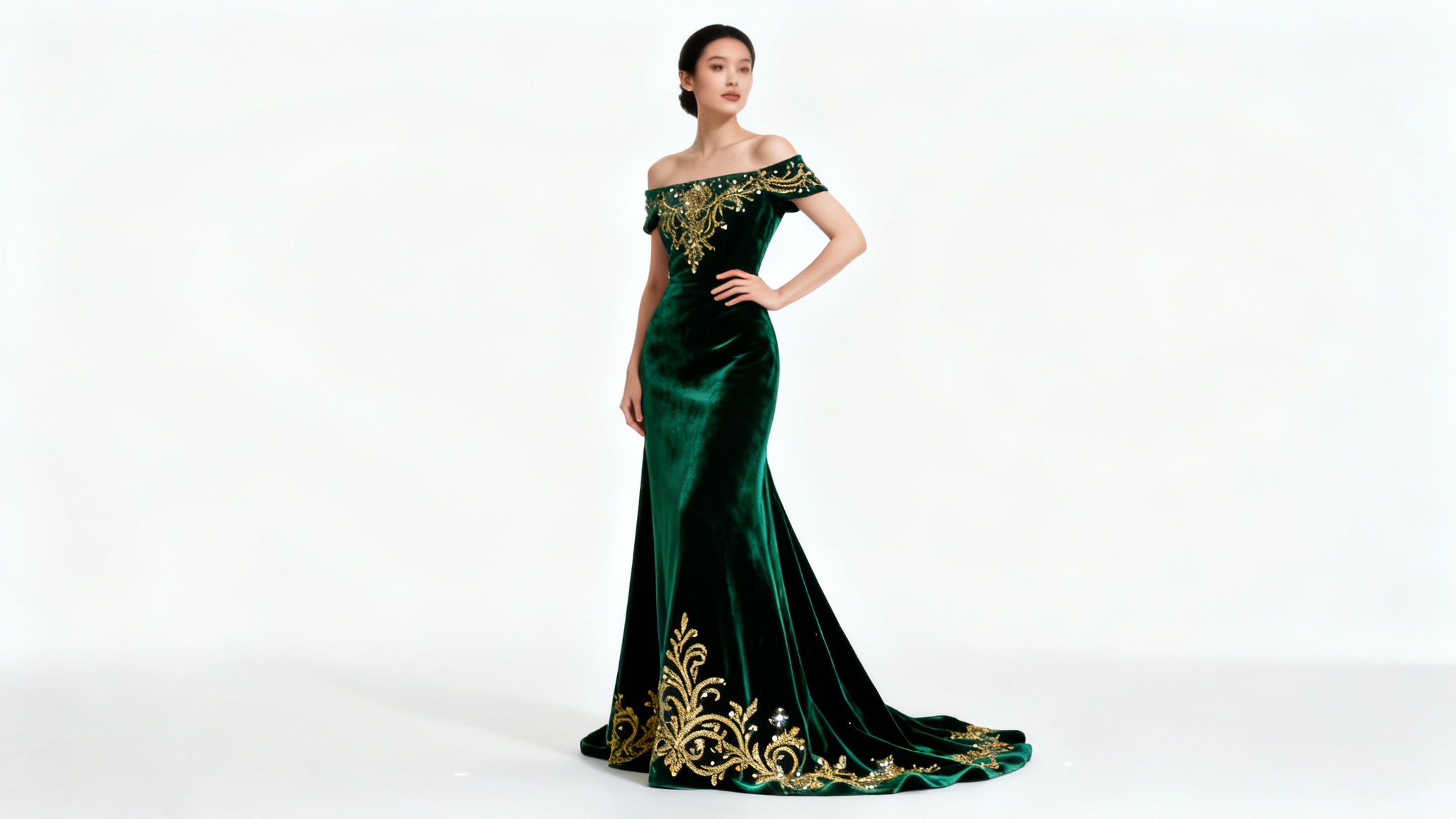 A full-body photograph of a woman wearing a beautiful, custom-designed emerald green velvet formal dress with gold embroidery, posing elegantly against a solid white background.