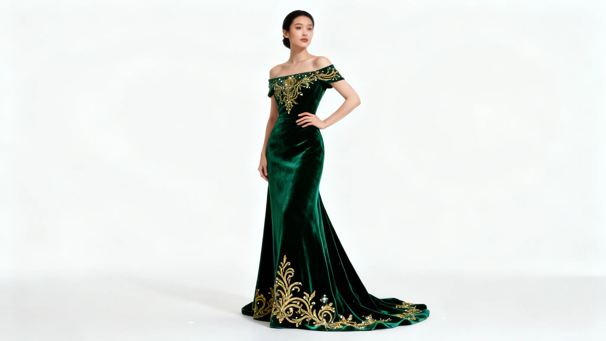 A full-body photograph of a woman wearing a beautiful, custom-designed emerald green velvet formal dress with gold embroidery, posing elegantly against a solid white background.