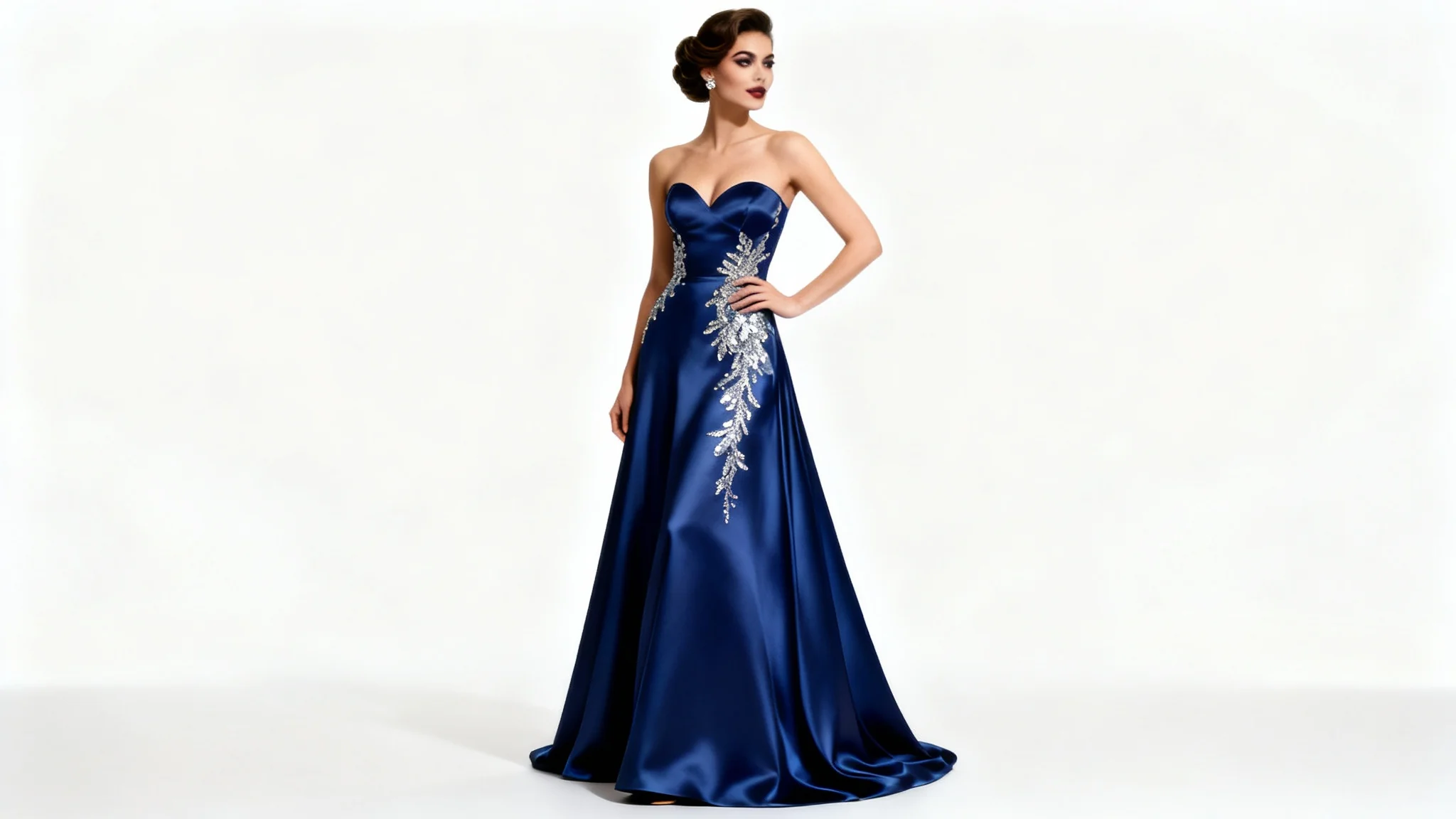A full-body photograph of a model wearing an elegant, floor-length sapphire blue formal gown with silver embroidery, standing against a pure white studio background.