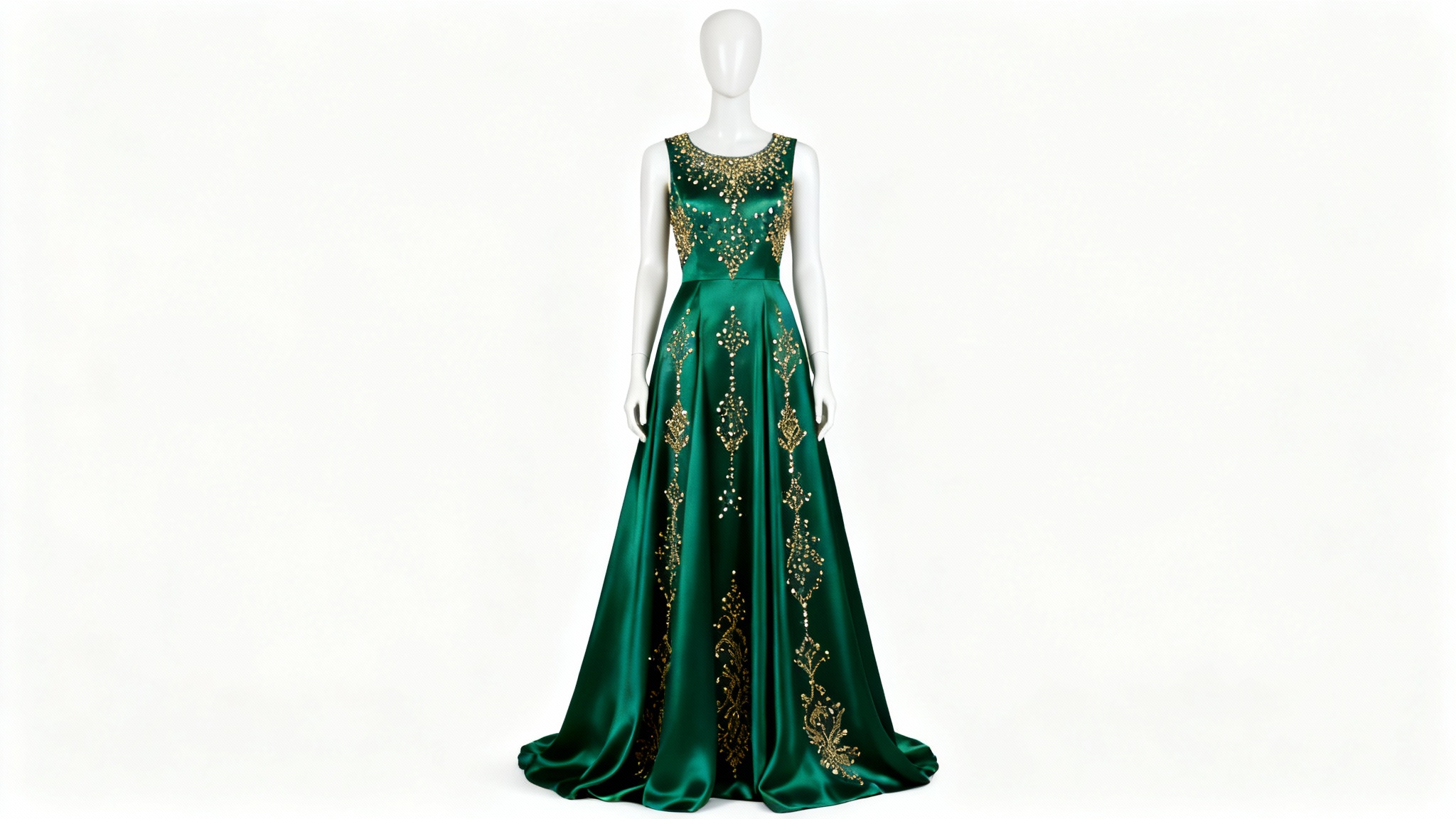 An elegant emerald green formal gown with intricate gold beading, displayed on a mannequin against a pure white background.