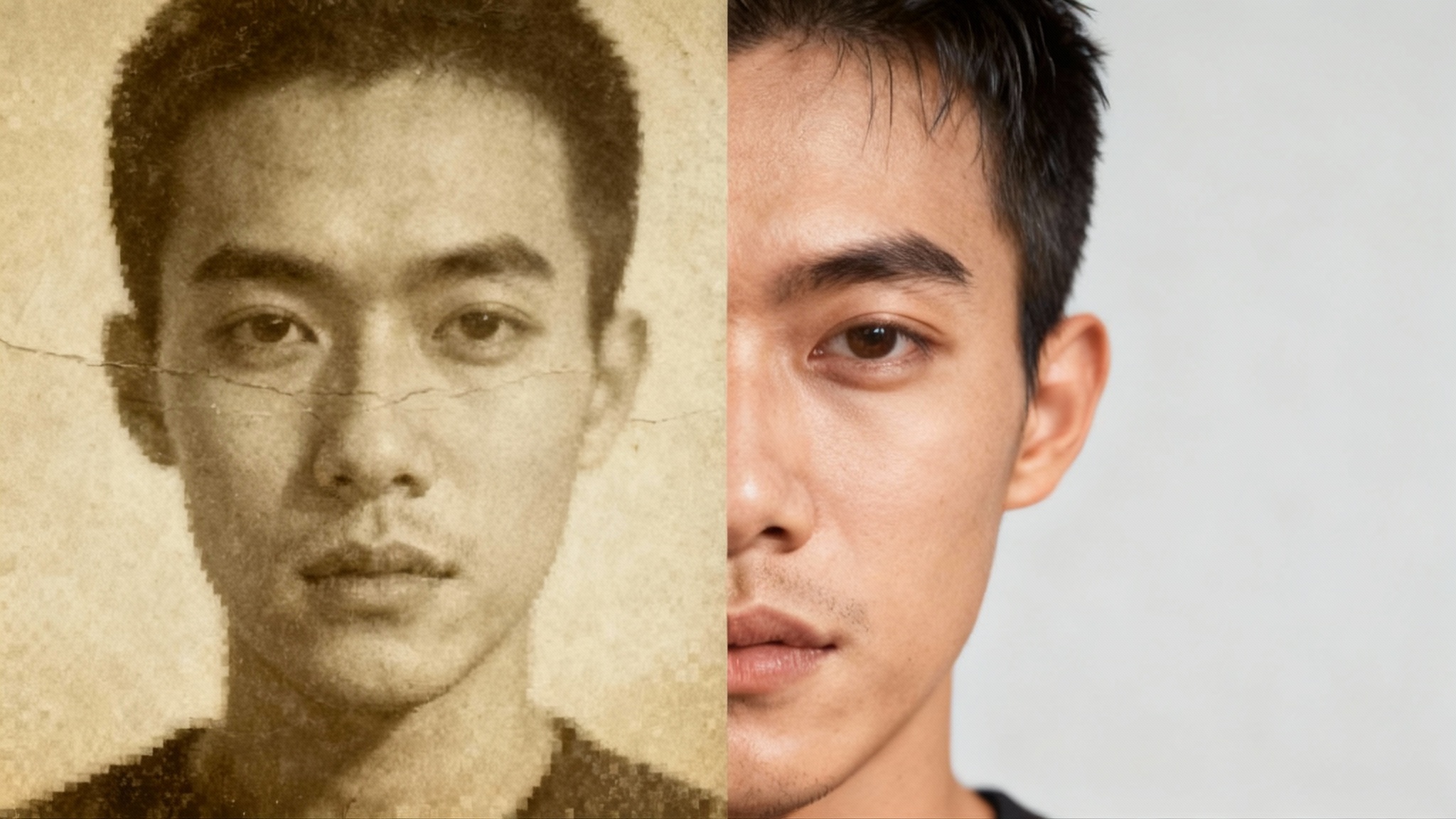 A split-screen comparison showing AI face restoration. The left side features a blurry, low-quality portrait, while the right side displays the same portrait restored to crystal-clear high definition.
