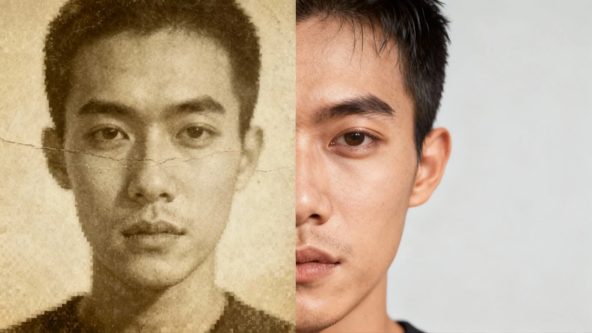 A split-screen comparison showing AI face restoration. The left side features a blurry, low-quality portrait, while the right side displays the same portrait restored to crystal-clear high definition.
