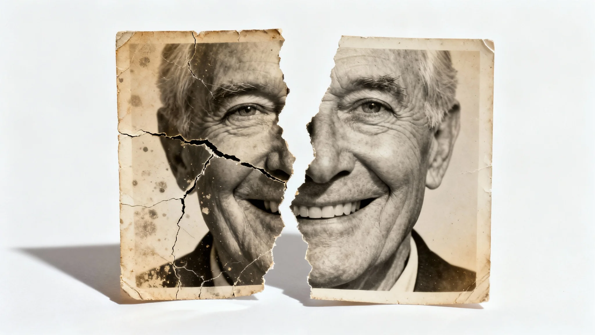 A side-by-side comparison showing a vintage photo being restored. The left side is a cracked and faded photo of a man's face, while the right side is the perfectly clear, high-definition restored version.