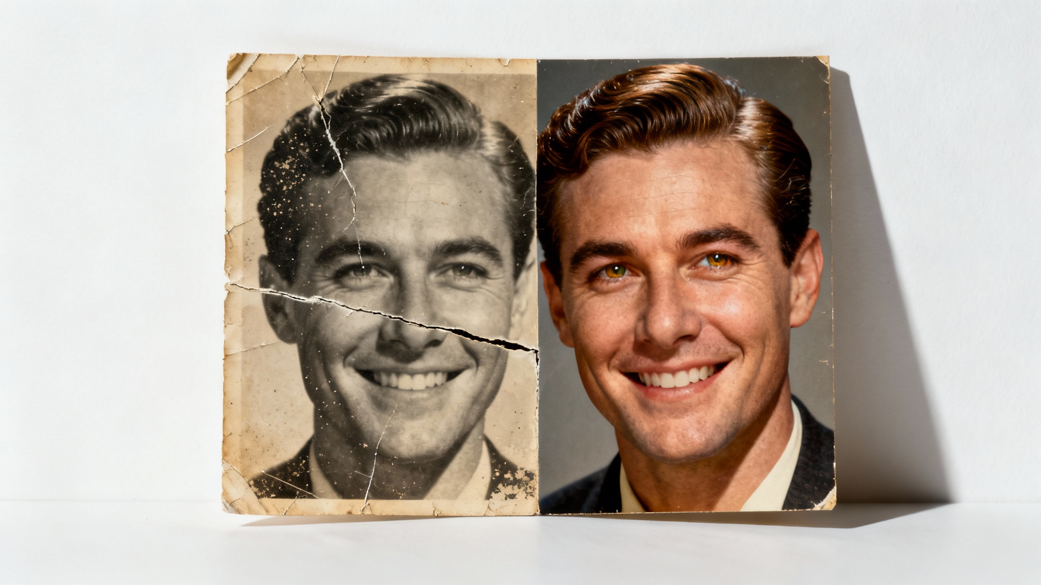 A split-screen image showing AI face restoration. The left side displays an old, scratched, sepia photo of a man. The right side shows the same photo, perfectly restored to a crisp, high-definition color image.
