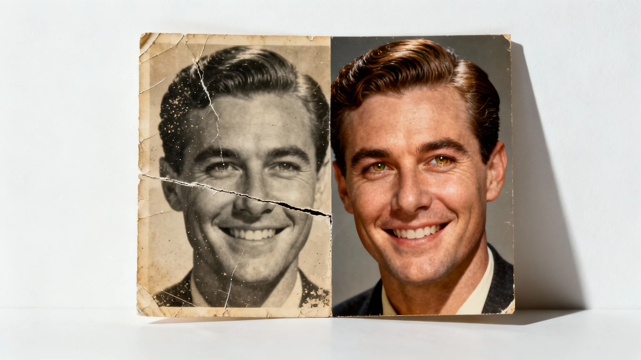 A split-screen image showing AI face restoration. The left side displays an old, scratched, sepia photo of a man. The right side shows the same photo, perfectly restored to a crisp, high-definition color image.