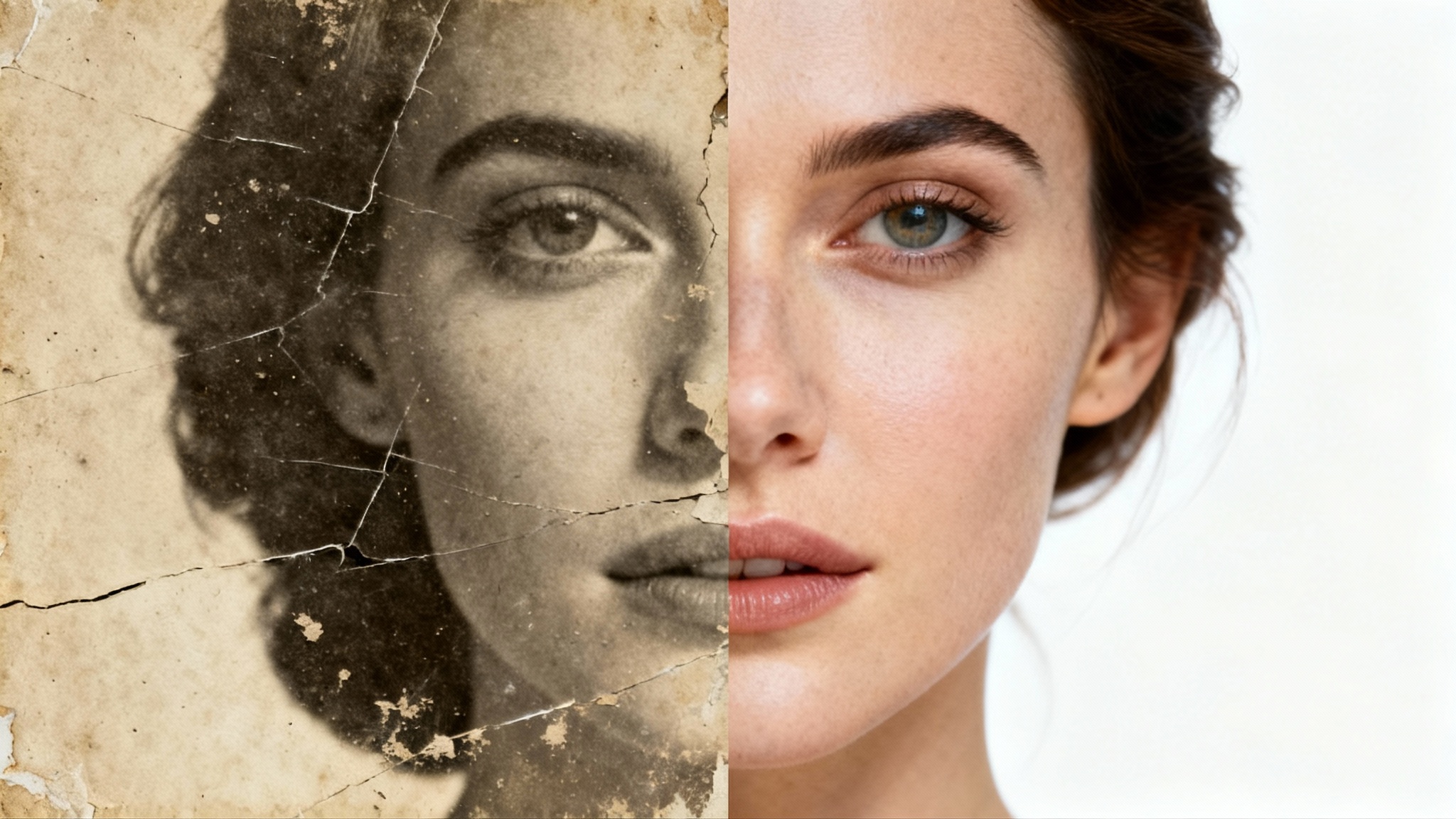 A split image showing the result of AI face restoration. The left side is an old, scratched sepia photo of a woman's face. The right side is the same photo, but fully restored, clear, and in color.