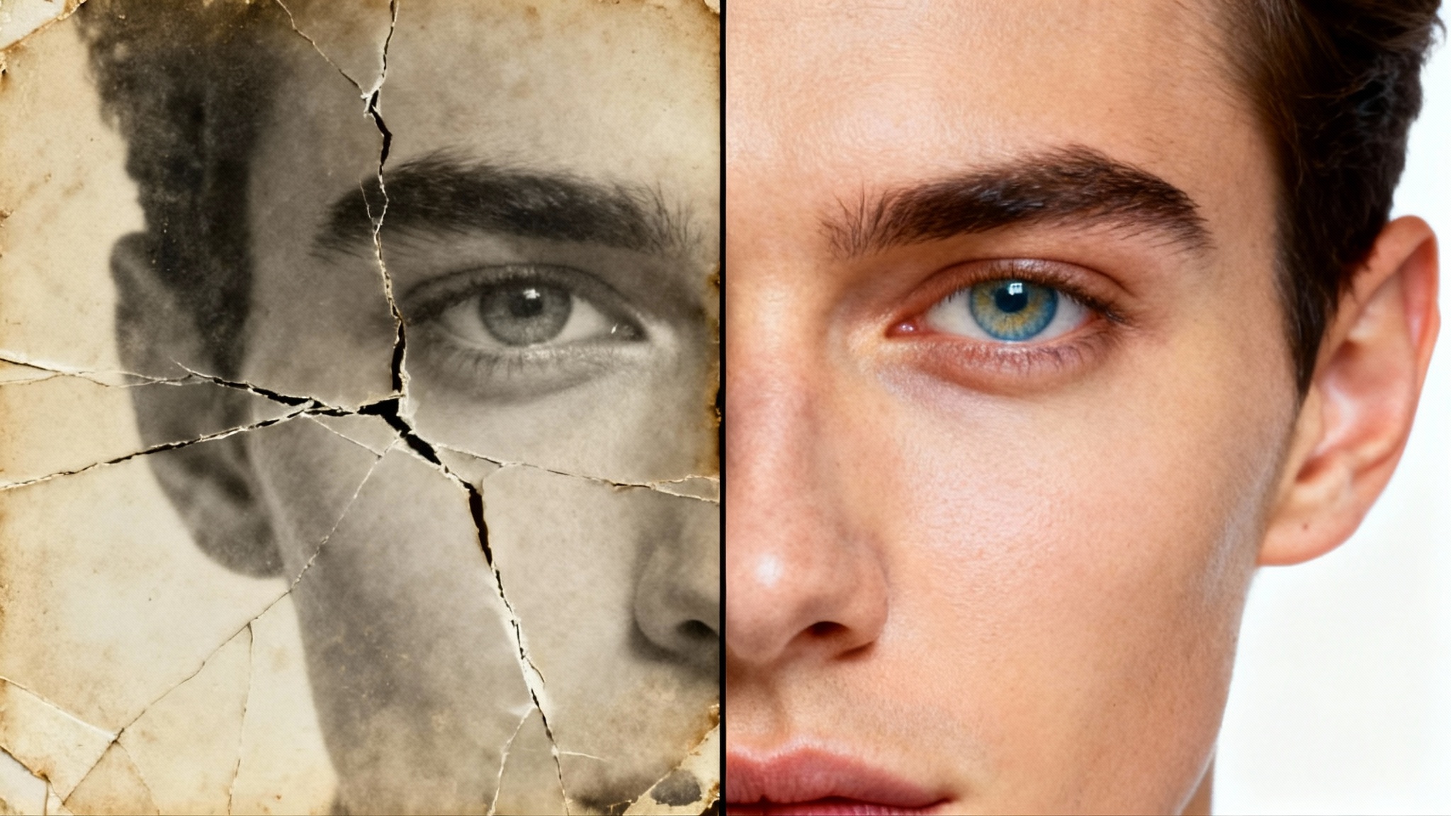 A close-up image of a face, split down the middle. The left side is a faded, cracked, sepia-toned old photograph. The right side is the same face, fully restored in sharp, high-definition color, demonstrating AI face restoration.