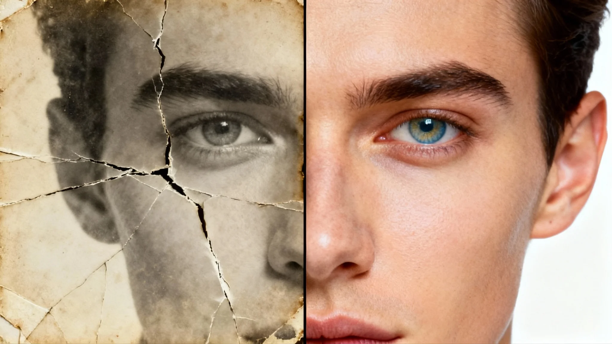 A close-up image of a face, split down the middle. The left side is a faded, cracked, sepia-toned old photograph. The right side is the same face, fully restored in sharp, high-definition color, demonstrating AI face restoration.
