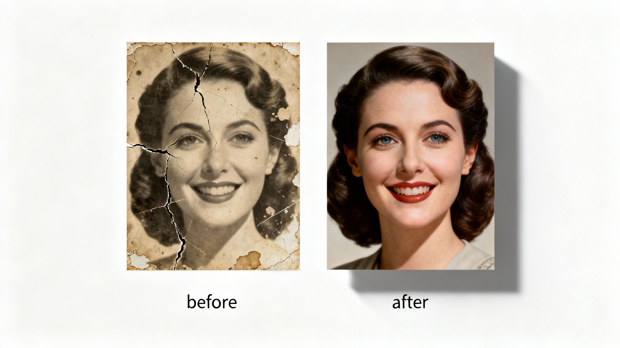 A before-and-after image demonstrating AI face restoration. The left side shows a cracked and faded old sepia photo of a woman, while the right side shows the same photo perfectly restored in crisp, subtle color.