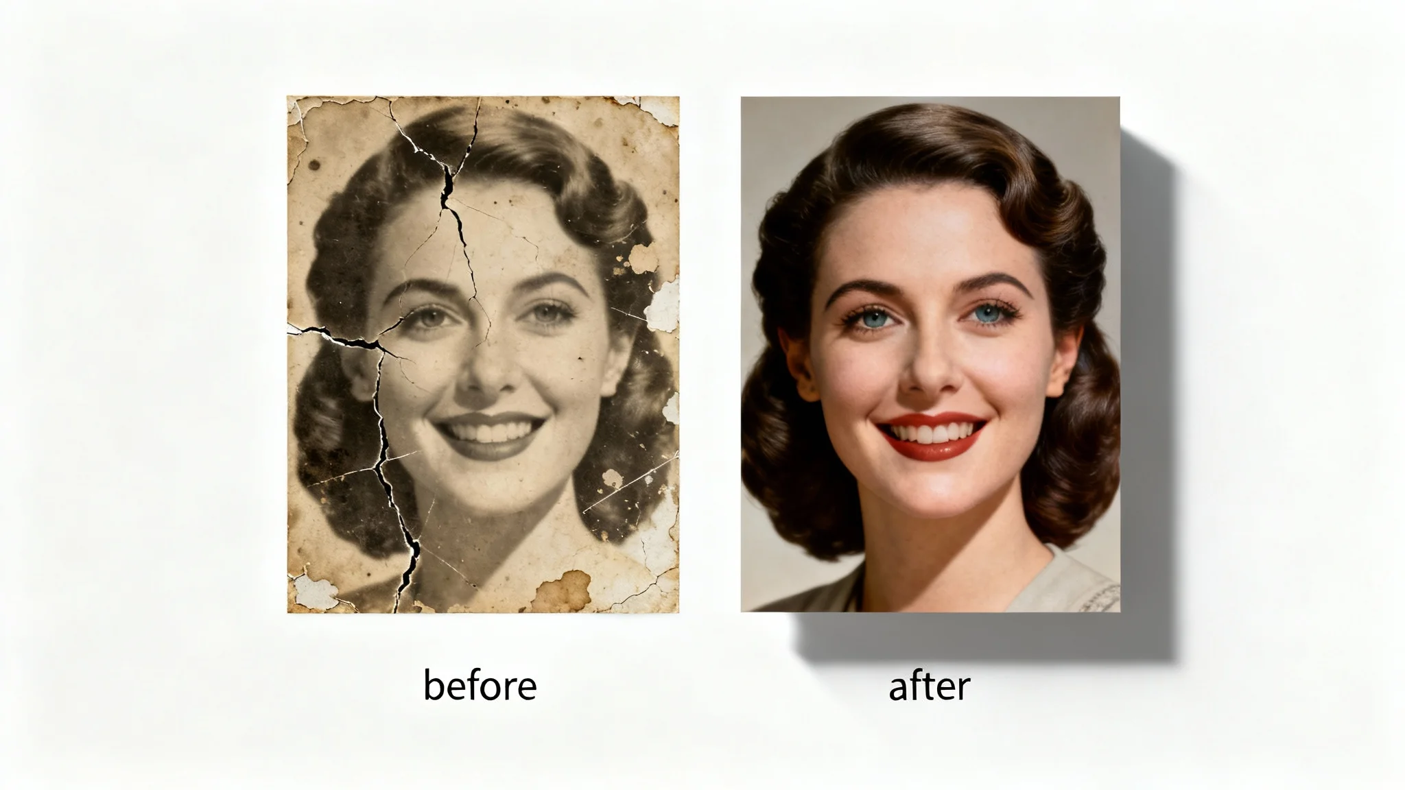 A before-and-after image demonstrating AI face restoration. The left side shows a cracked and faded old sepia photo of a woman, while the right side shows the same photo perfectly restored in crisp, subtle color.