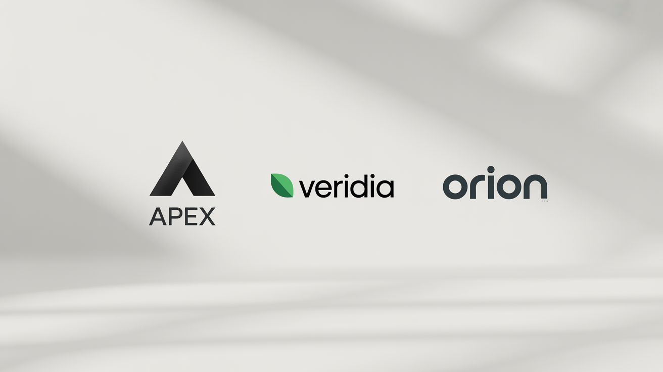 A mockup showcasing three sleek, minimalist logos on a white background: a geometric 'A' for 'APEX', a green leaf for 'Veridia', and a typographic logo for 'ORION'.