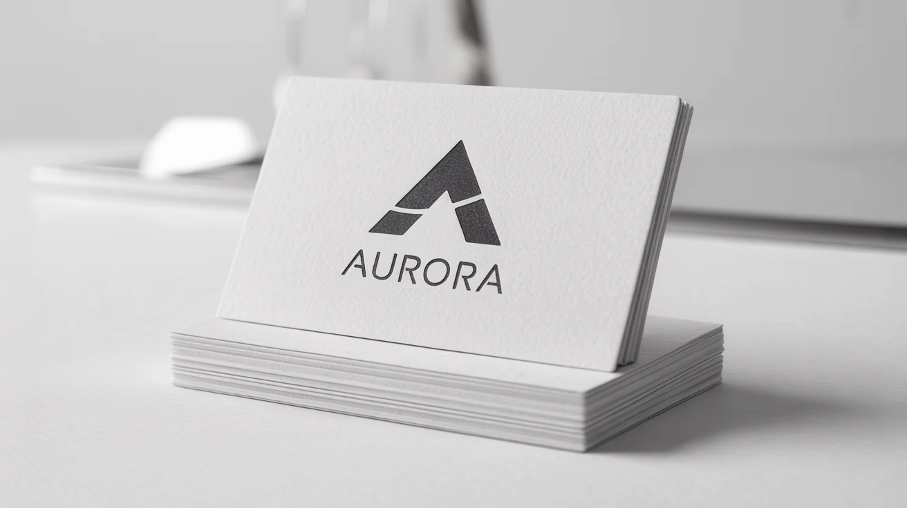 A sleek, minimalist logo mockup on a white business card. The logo features a geometric mountain peak icon above the word "AURORA" in a modern, sans-serif font.