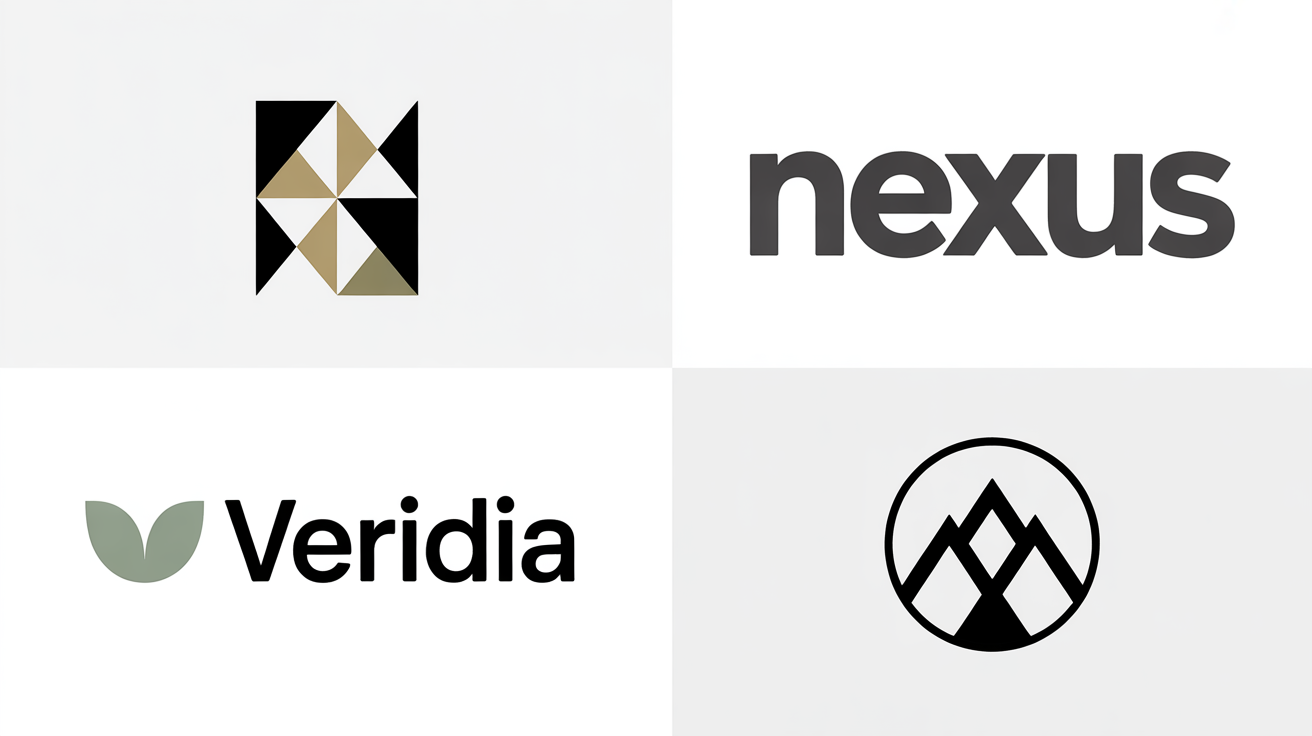 A clean grid of four modern, minimalist logo designs on a white background, showcasing different styles. The logos include an abstract shape, the word 'NEXUS', a leaf icon with the word 'Veridia', and a mountain peak emblem.