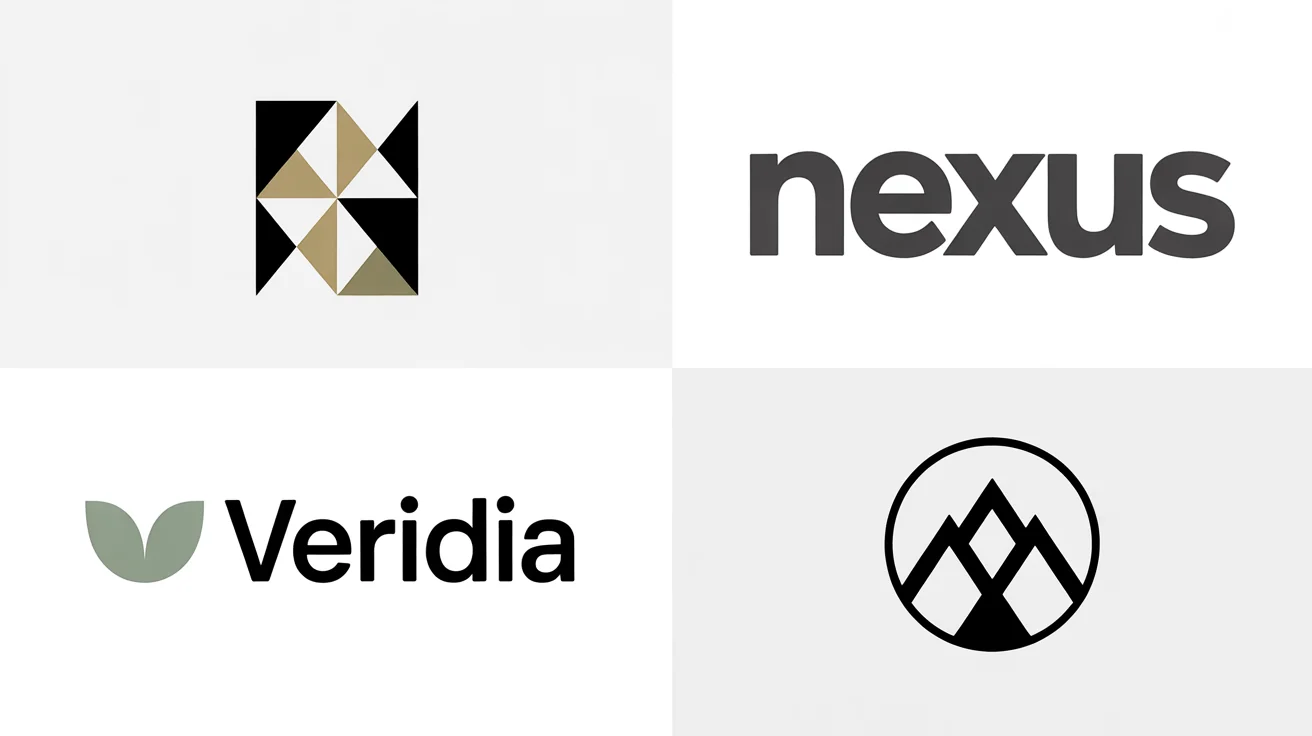 A clean grid of four modern, minimalist logo designs on a white background, showcasing different styles. The logos include an abstract shape, the word 'NEXUS', a leaf icon with the word 'Veridia', and a mountain peak emblem.