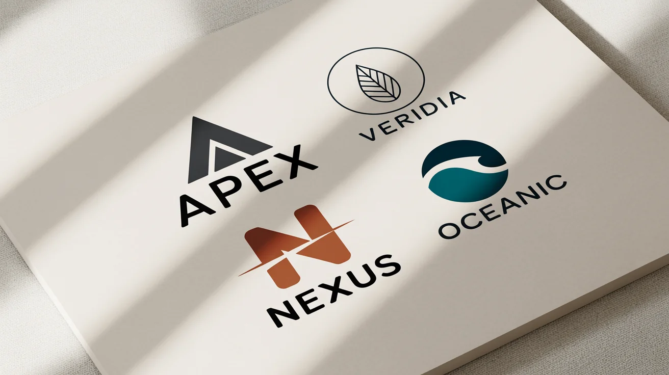 A collection of four sleek, minimalist logos for fictional brands like 'APEX' and 'VERIDIA', displayed neatly on a white background to showcase professional branding.