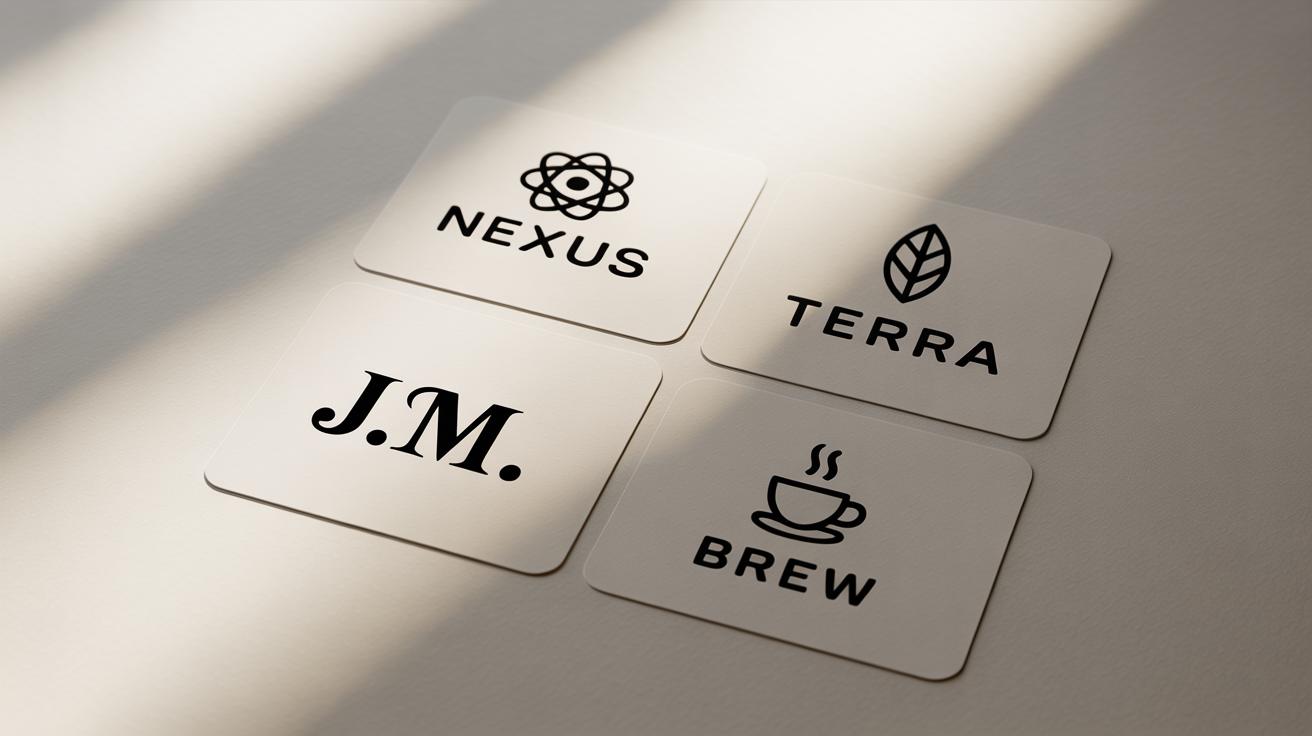 A collection of four sleek, black and white minimalist logos for fictional brands, including 'NEXUS', 'Terra', and 'BREW', arranged neatly on a white background.