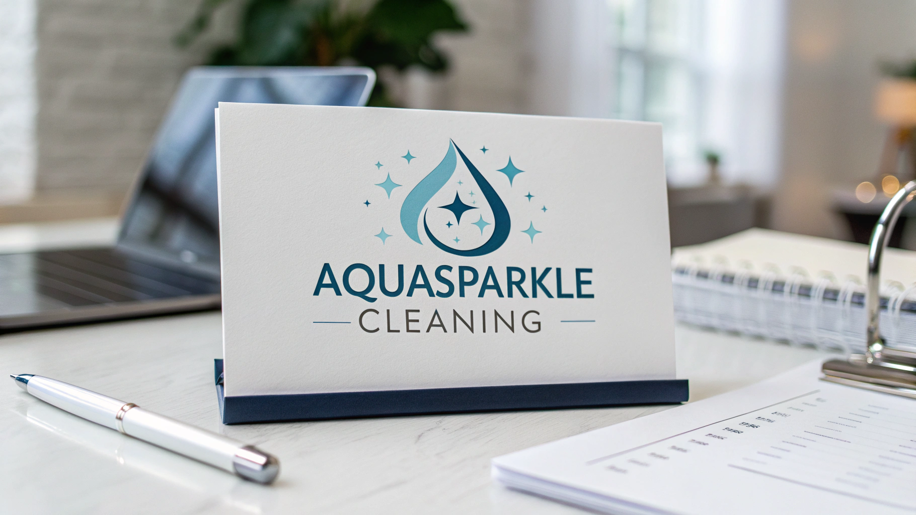 A final logo design for a cleaning service called 'AquaSparkle Cleaning', featuring a water droplet and star icon, shown next to a business card mockup.