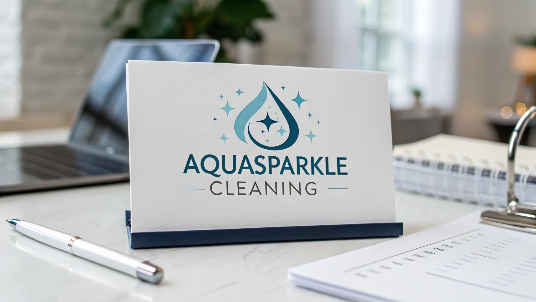 A final logo design for a cleaning service called 'AquaSparkle Cleaning', featuring a water droplet and star icon, shown next to a business card mockup.