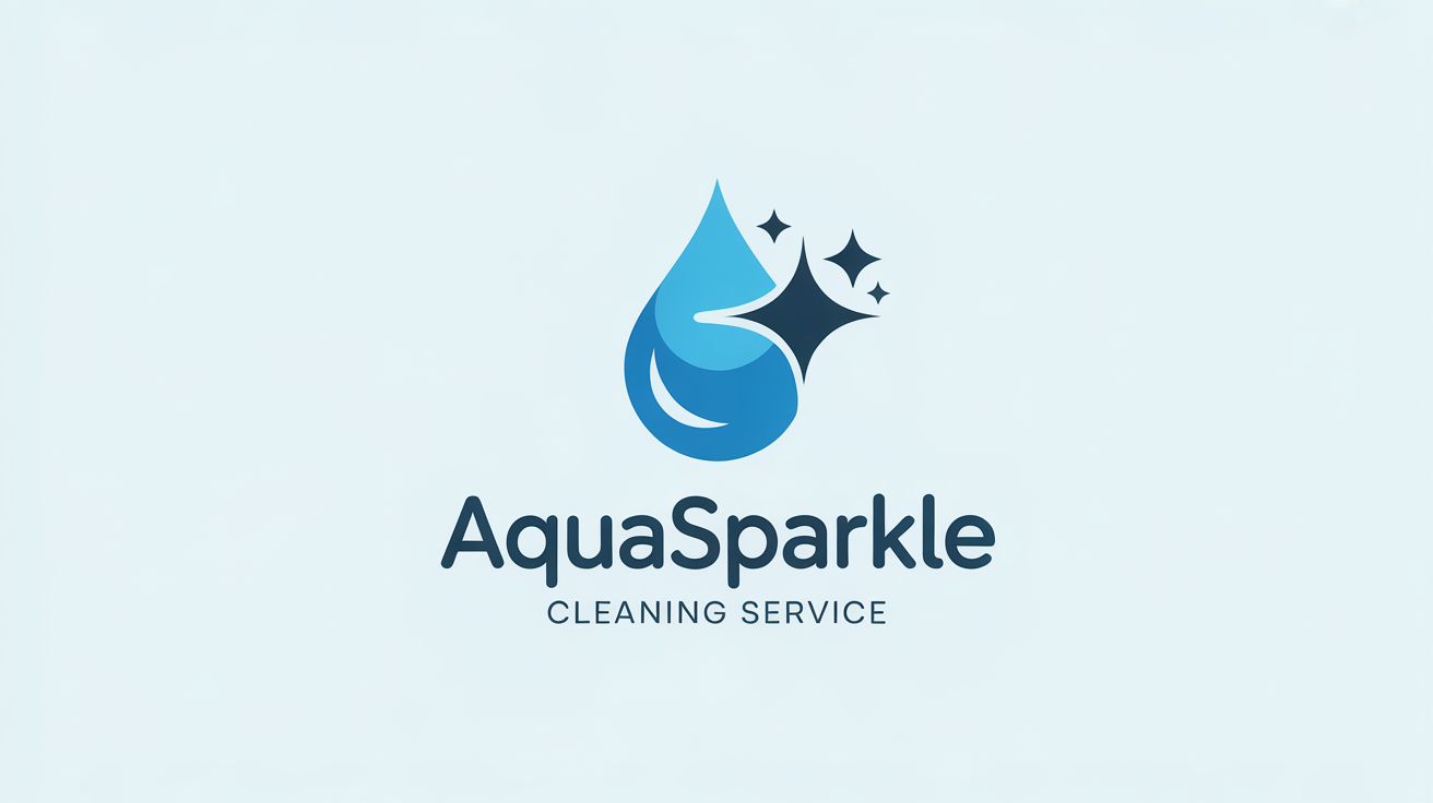 A modern minimalist logo for a cleaning service named 'AquaSparkle'. The logo features a blue icon of a water droplet combined with a sparkle, set against a plain white background.