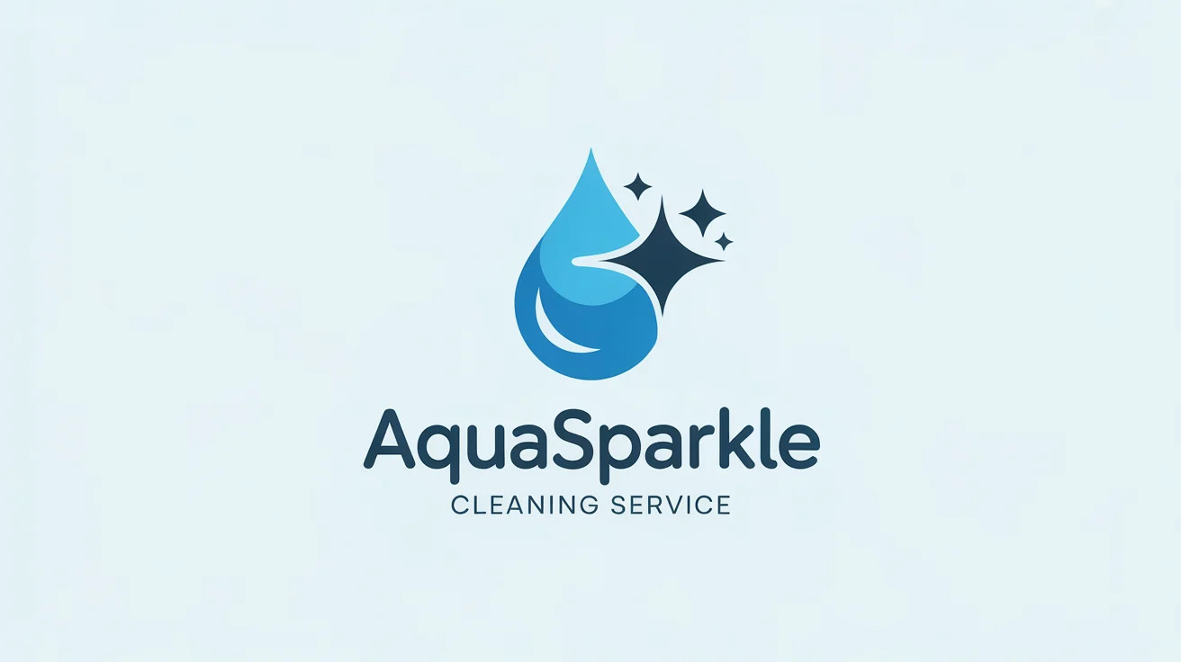 A modern minimalist logo for a cleaning service named 'AquaSparkle'. The logo features a blue icon of a water droplet combined with a sparkle, set against a plain white background.