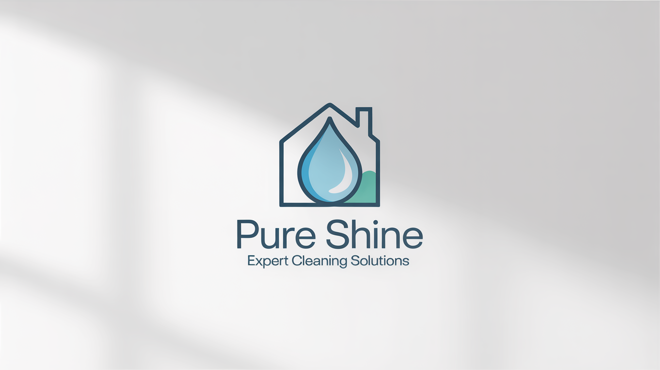 A modern logo for a cleaning service named 'Pure Shine'. The logo features a blue and teal icon of a house combined with a sparkling water droplet, presented on a clean white background.