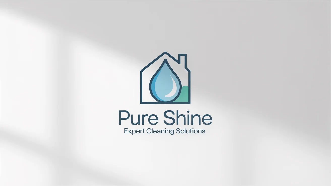 A modern logo for a cleaning service named 'Pure Shine'. The logo features a blue and teal icon of a house combined with a sparkling water droplet, presented on a clean white background.