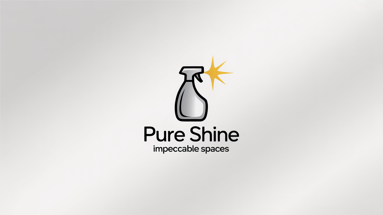 A logo mockup for a cleaning service called 'Pure Shine'. The design features a blue spray bottle icon with a yellow sparkle, with the text 'Pure Shine' and 'Impeccable Spaces' below it, all on a clean white background.
