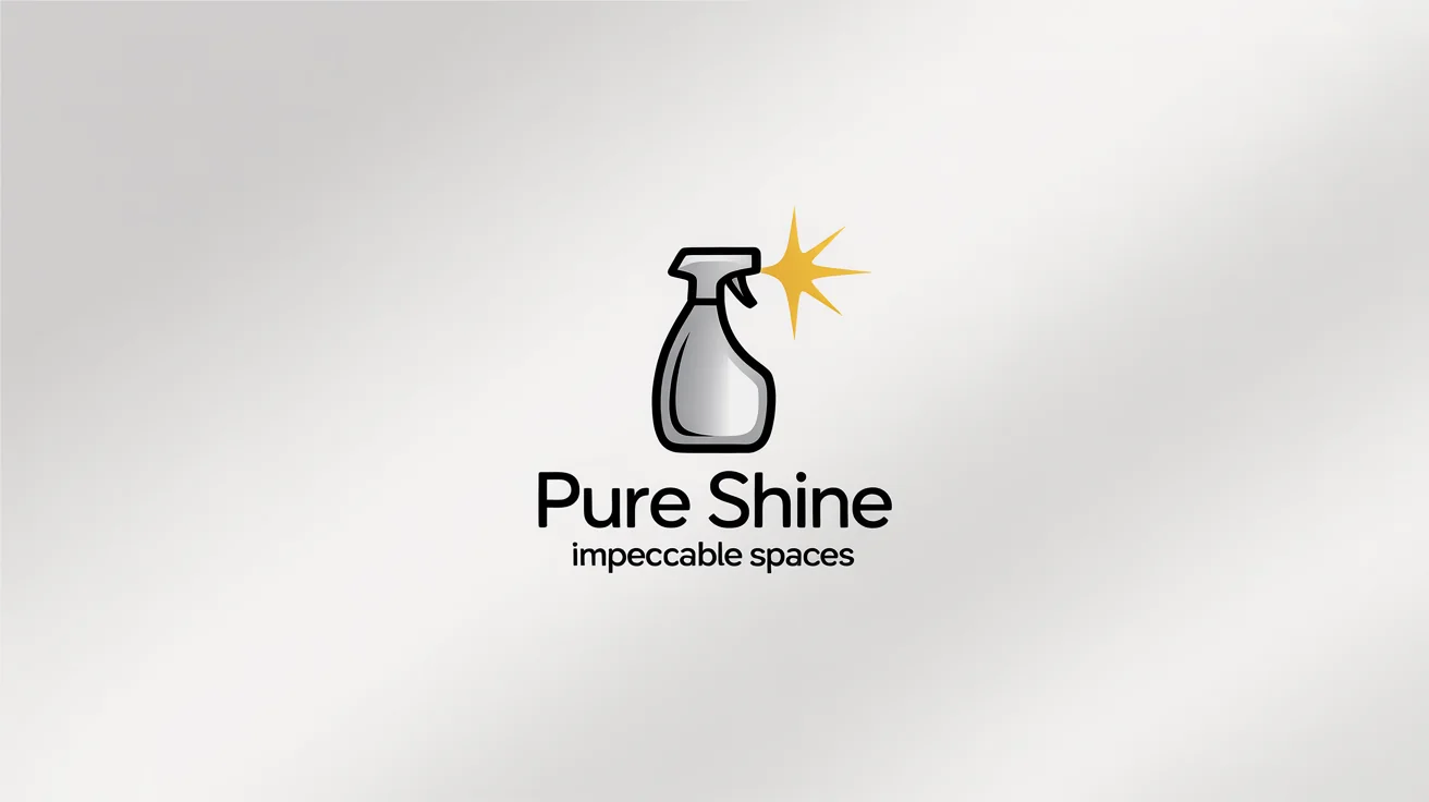 A logo mockup for a cleaning service called 'Pure Shine'. The design features a blue spray bottle icon with a yellow sparkle, with the text 'Pure Shine' and 'Impeccable Spaces' below it, all on a clean white background.