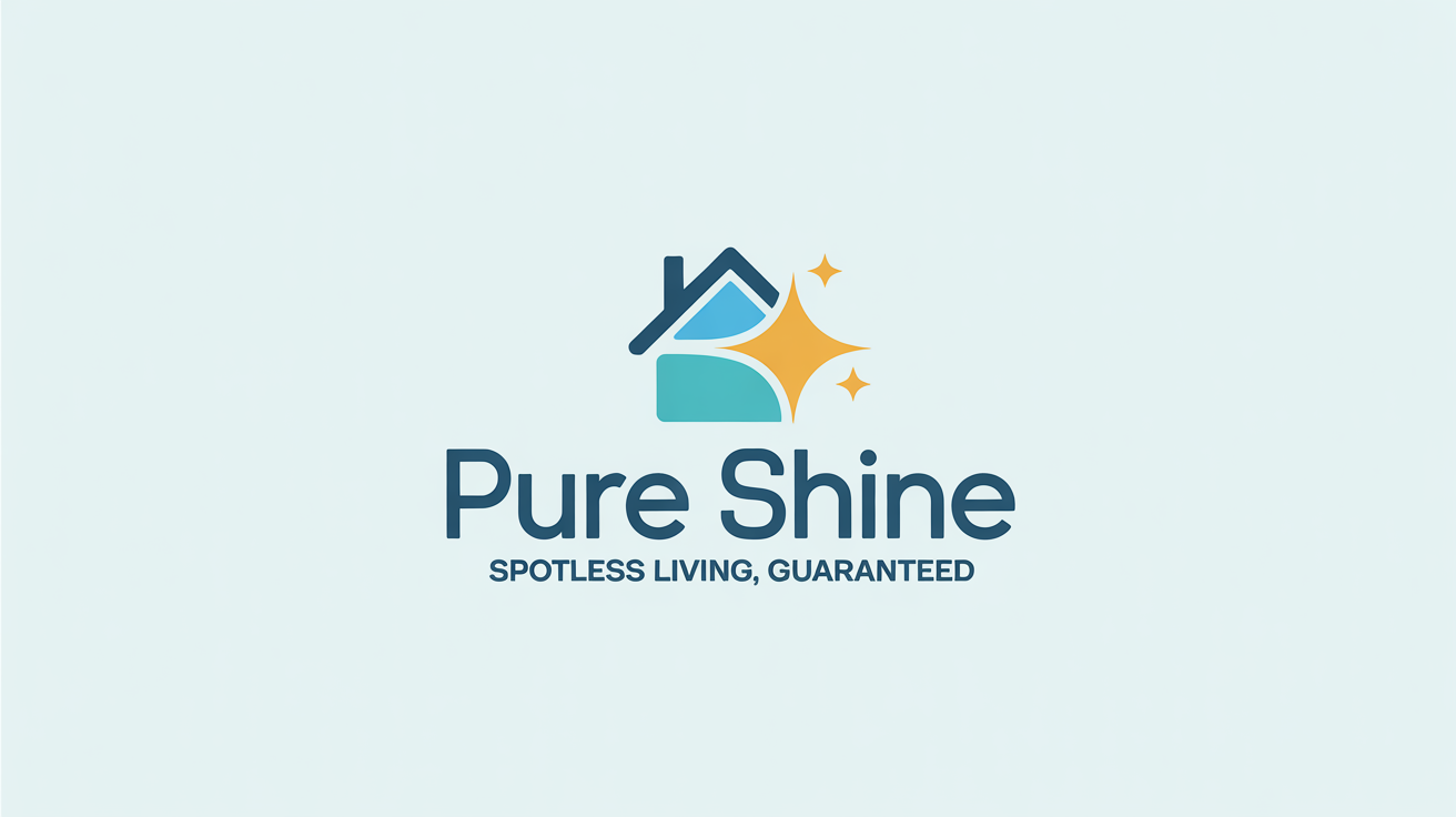 A modern logo for a cleaning service named 'Pure Shine', featuring a stylized blue house with a yellow sparkling star on top, displayed on a white background.