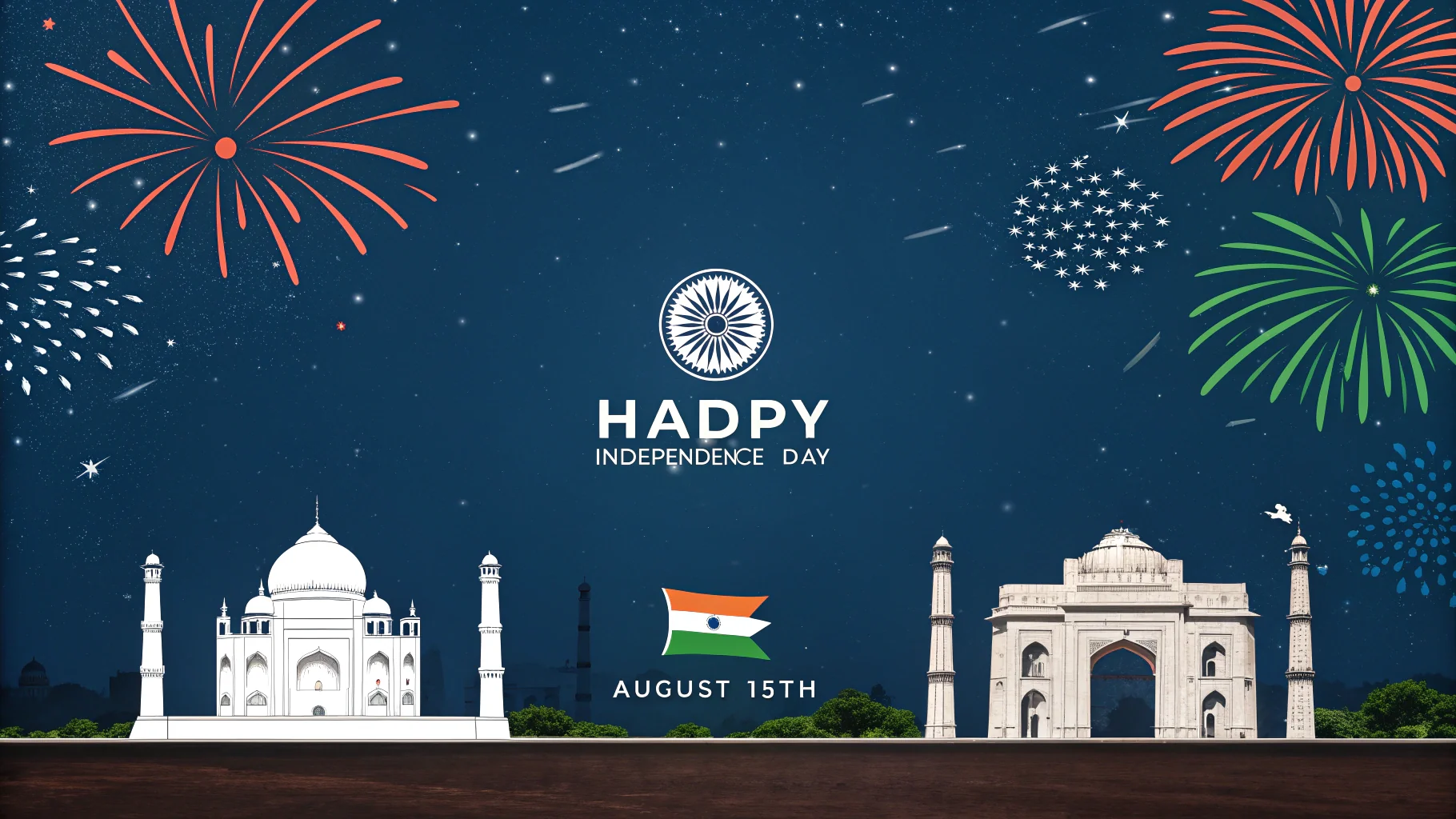 A professionally designed poster for India's Independence Day featuring stylized fireworks over landmarks like India Gate, with the text 'Happy Independence Day' in elegant script.