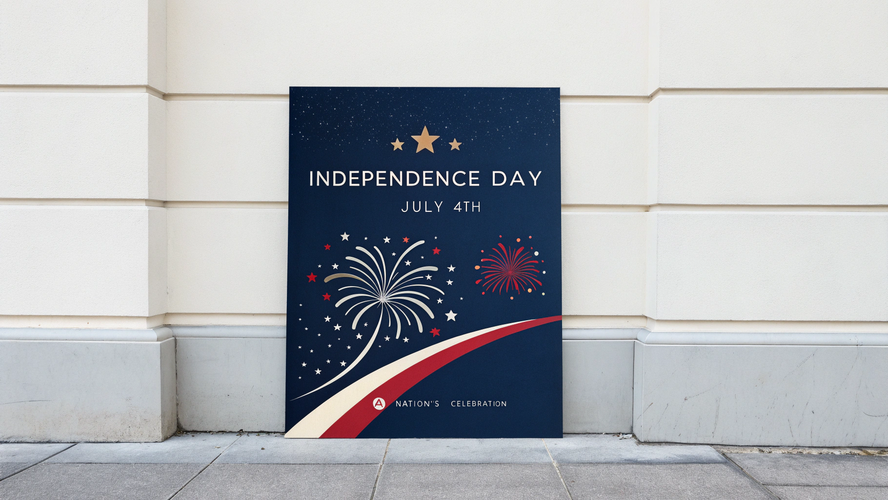 A modern mockup of an Independence Day poster with red, white, and blue fireworks and stars. The text reads 'INDEPENDENCE DAY' and 'JULY 4TH'.