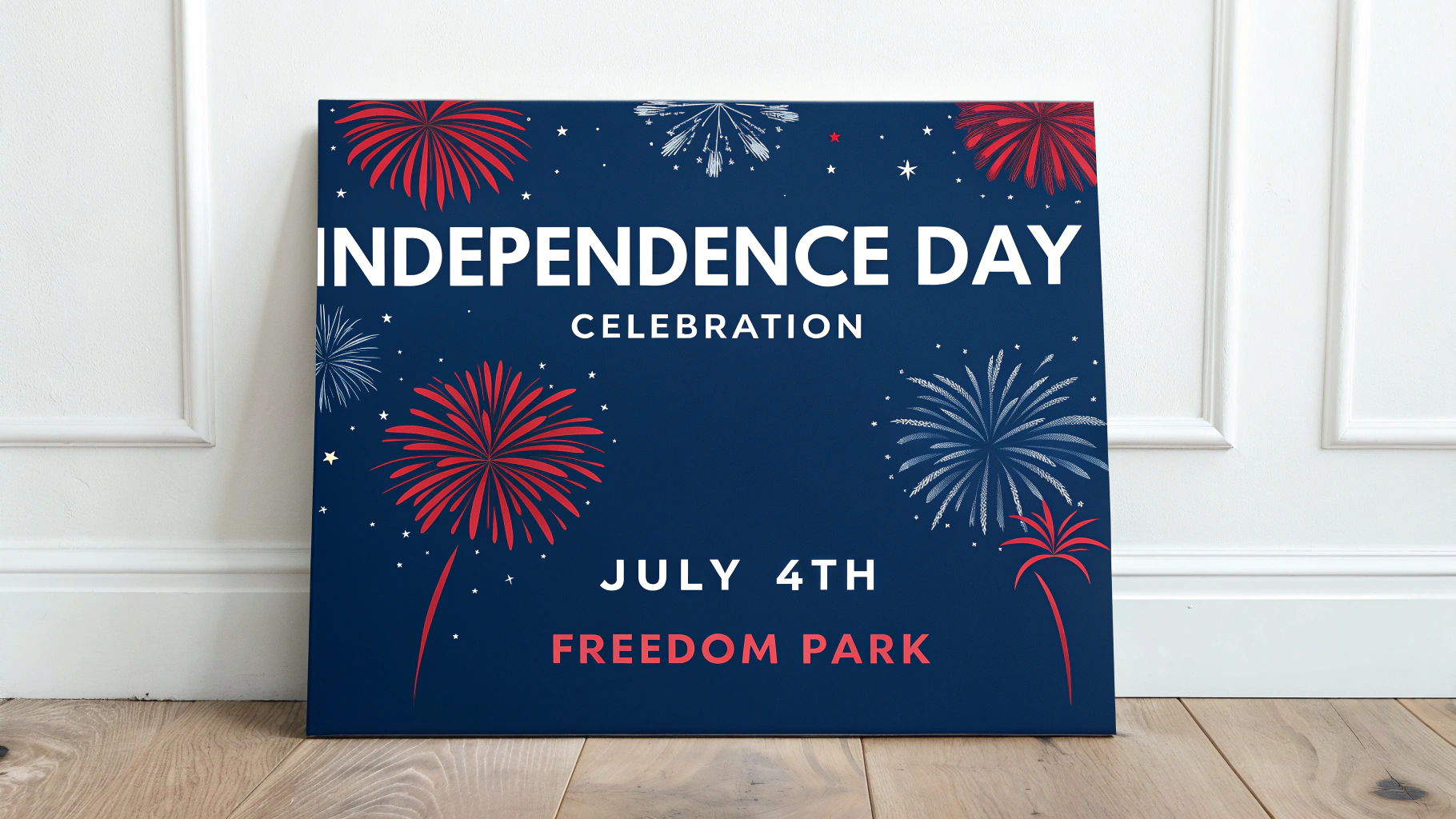A modern mockup of a patriotic poster for an 'INDEPENDENCE DAY CELEBRATION' on 'JULY 4TH' at 'FREEDOM PARK', featuring fireworks on a blue background in a red, white, and blue color scheme.
