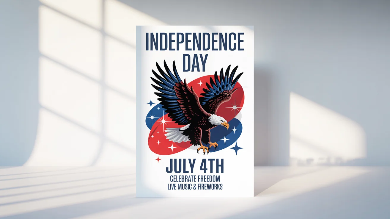 A modern Independence Day poster mockup celebrating July 4th. The design features a stylized eagle, patriotic red, white, and blue colors, and the words 'Independence Day' and 'Celebrate Freedom'.