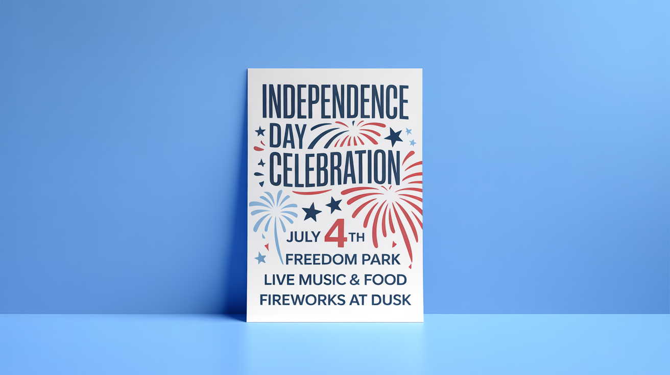 A modern mockup of an Independence Day poster against a white background. The design is in red, white, and blue and announces a 'INDEPENDENCE DAY CELEBRATION' with event details.