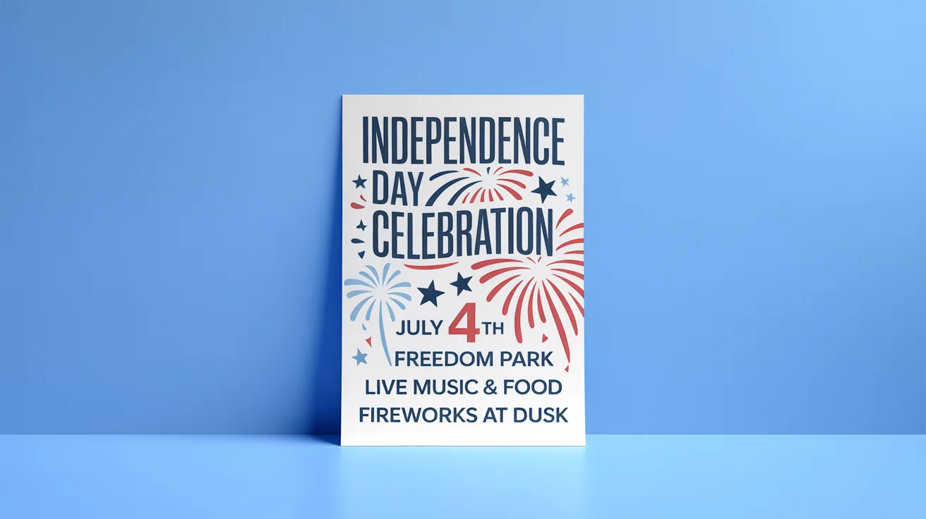 A modern mockup of an Independence Day poster against a white background. The design is in red, white, and blue and announces a 'INDEPENDENCE DAY CELEBRATION' with event details.