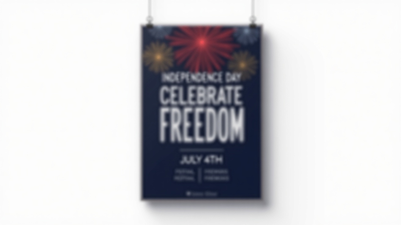 A mockup of a modern Independence Day poster against a white background. The poster is dark blue with red and gold fireworks and features the text 'INDEPENDENCE DAY' and 'CELEBRATE FREEDOM'.