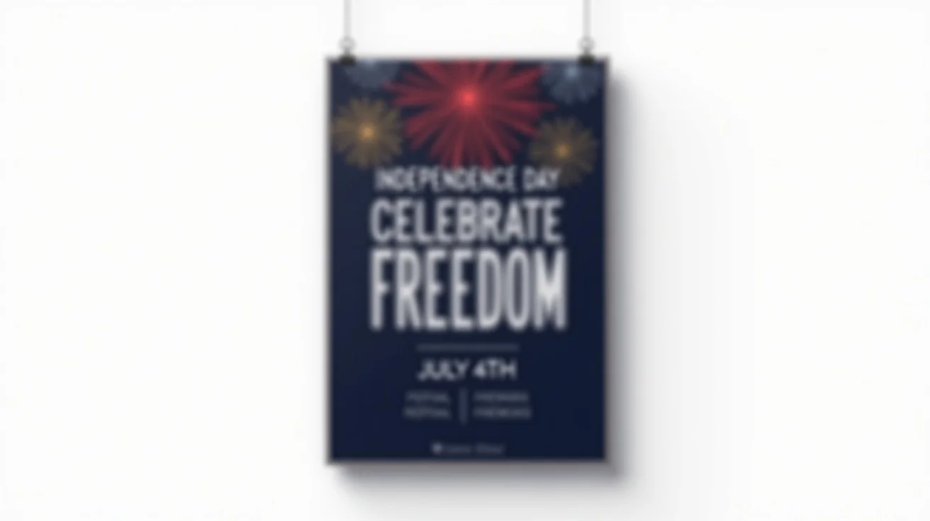 A mockup of a modern Independence Day poster against a white background. The poster is dark blue with red and gold fireworks and features the text 'INDEPENDENCE DAY' and 'CELEBRATE FREEDOM'.