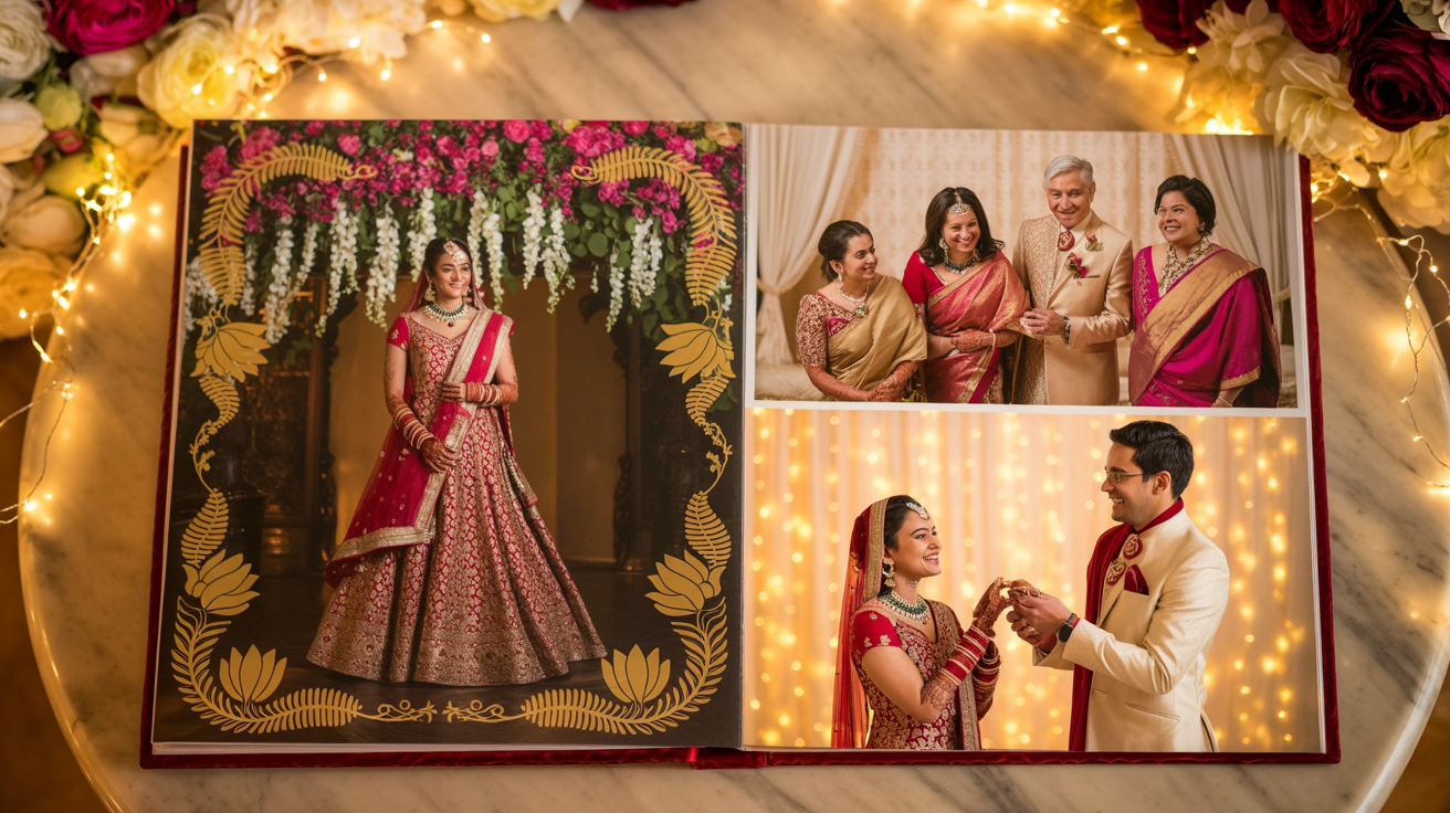 A beautifully designed Indian wedding album spread showing the final result. The left page has a large photo of the bride, and the right page is a collage of candid moments, all framed by elegant decorative borders.