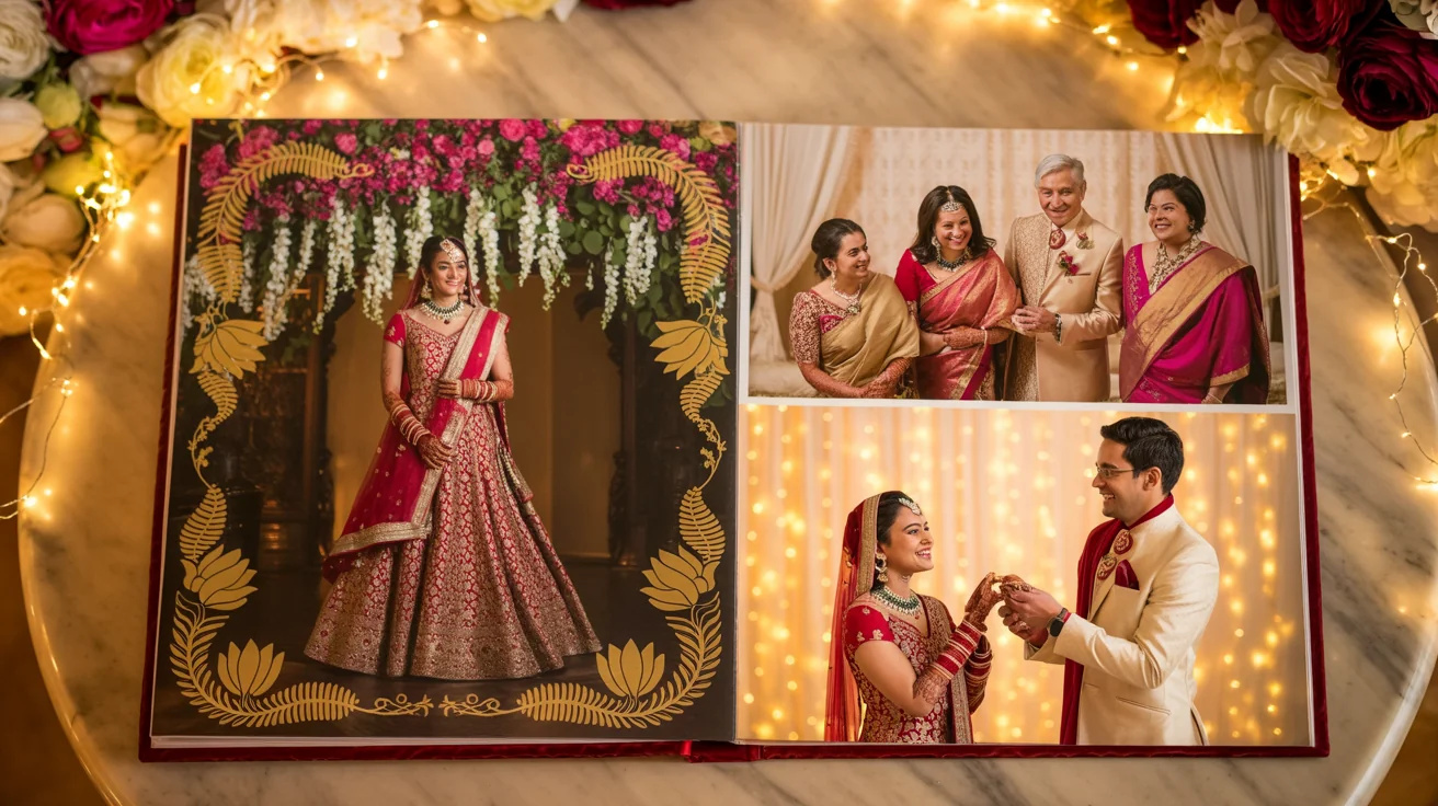 A beautifully designed Indian wedding album spread showing the final result. The left page has a large photo of the bride, and the right page is a collage of candid moments, all framed by elegant decorative borders.