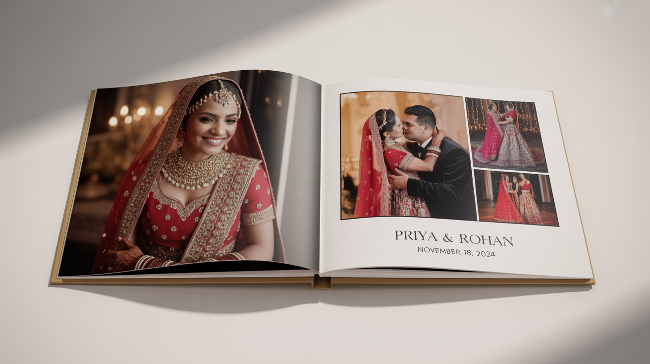 A photorealistic mockup of an open, high-quality wedding album showcasing a vibrant Indian wedding, with photos of the bride and groom and text reading 'Priya & Rohan'.