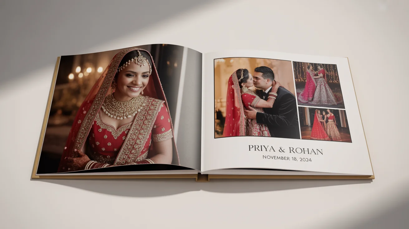 A photorealistic mockup of an open, high-quality wedding album showcasing a vibrant Indian wedding, with photos of the bride and groom and text reading 'Priya & Rohan'.